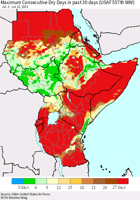 Eastern Africa Maximum Consecutive Dry Days in past 30 days (USAF 557th WW) 07/31/2023 Thematic Map For 7/26/2023 - 7/31/2023