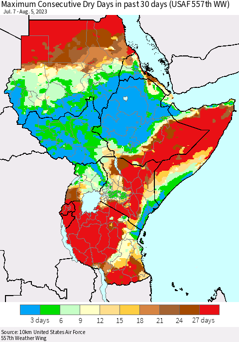 Eastern Africa Maximum Consecutive Dry Days in past 30 days (USAF 557th WW) 08/05/2023 Thematic Map For 8/1/2023 - 8/5/2023