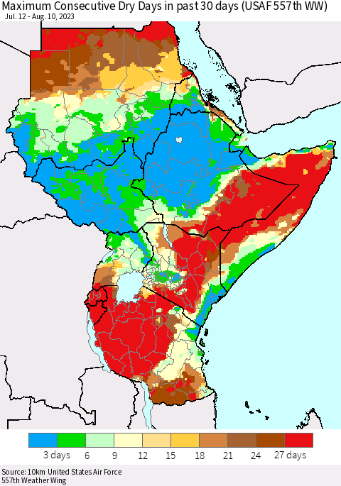 Eastern Africa Maximum Consecutive Dry Days in past 30 days (USAF 557th WW) 08/10/2023 Thematic Map For 8/6/2023 - 8/10/2023