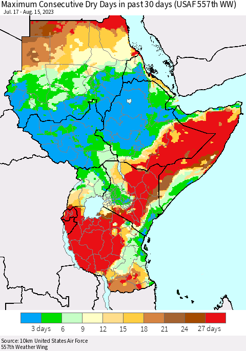 Eastern Africa Maximum Consecutive Dry Days in past 30 days (USAF 557th WW) 08/15/2023 Thematic Map For 8/11/2023 - 8/15/2023