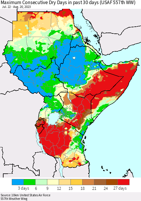Eastern Africa Maximum Consecutive Dry Days in past 30 days (USAF 557th WW) 08/20/2023 Thematic Map For 8/16/2023 - 8/20/2023