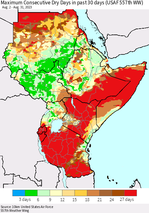 Eastern Africa Maximum Consecutive Dry Days in past 30 days (USAF 557th WW) 08/31/2023 Thematic Map For 8/26/2023 - 8/31/2023