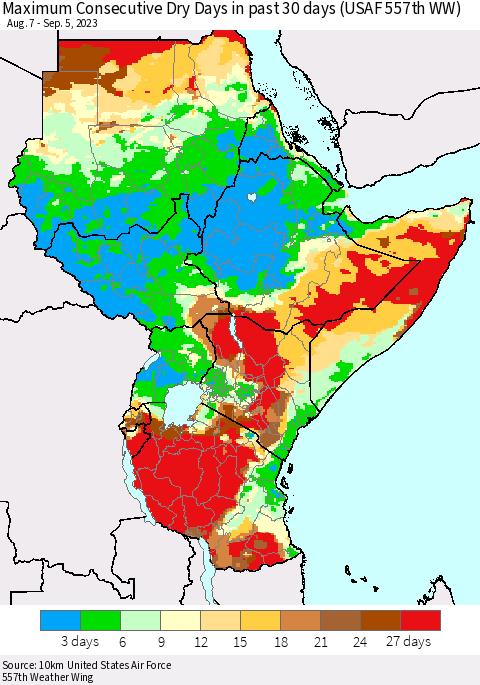 Eastern Africa Maximum Consecutive Dry Days in past 30 days (USAF 557th WW) 09/05/2023 Thematic Map For 9/1/2023 - 9/5/2023
