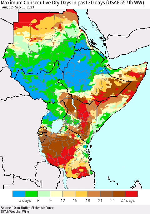 Eastern Africa Maximum Consecutive Dry Days in past 30 days (USAF 557th WW) 09/10/2023 Thematic Map For 9/6/2023 - 9/10/2023