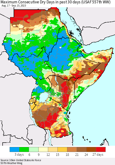Eastern Africa Maximum Consecutive Dry Days in past 30 days (USAF 557th WW) 09/15/2023 Thematic Map For 9/11/2023 - 9/15/2023