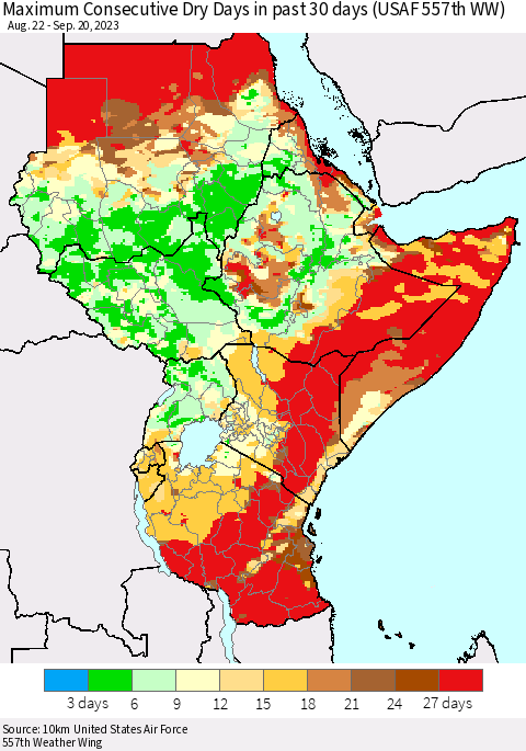 Eastern Africa Maximum Consecutive Dry Days in past 30 days (USAF 557th WW) 09/20/2023 Thematic Map For 9/16/2023 - 9/20/2023