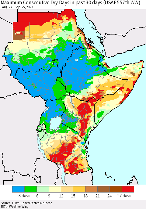 Eastern Africa Maximum Consecutive Dry Days in past 30 days (USAF 557th WW) 09/25/2023 Thematic Map For 9/21/2023 - 9/25/2023