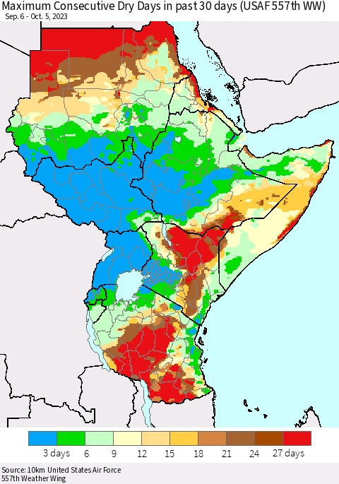 Eastern Africa Maximum Consecutive Dry Days in past 30 days (USAF 557th WW) 10/05/2023 Thematic Map For 10/1/2023 - 10/5/2023