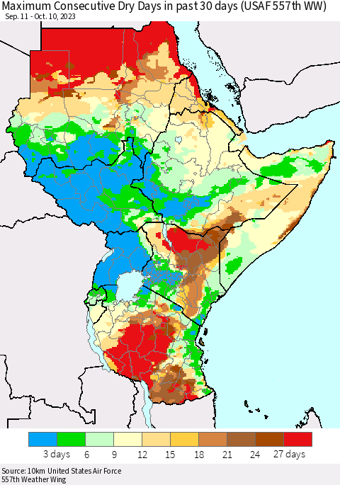 Eastern Africa Maximum Consecutive Dry Days in past 30 days (USAF 557th WW) 10/10/2023 Thematic Map For 10/6/2023 - 10/10/2023