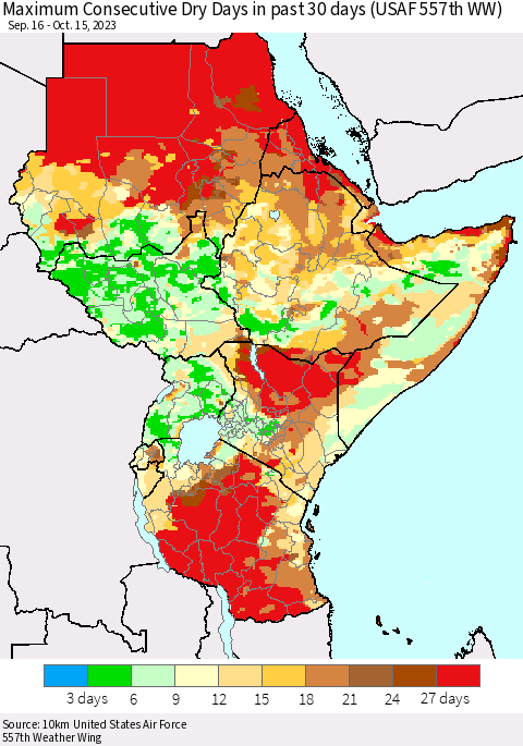 Eastern Africa Maximum Consecutive Dry Days in past 30 days (USAF 557th WW) 10/15/2023 Thematic Map For 10/11/2023 - 10/15/2023