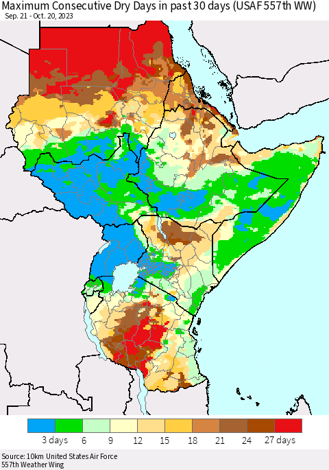 Eastern Africa Maximum Consecutive Dry Days in past 30 days (USAF 557th WW) 10/20/2023 Thematic Map For 10/16/2023 - 10/20/2023