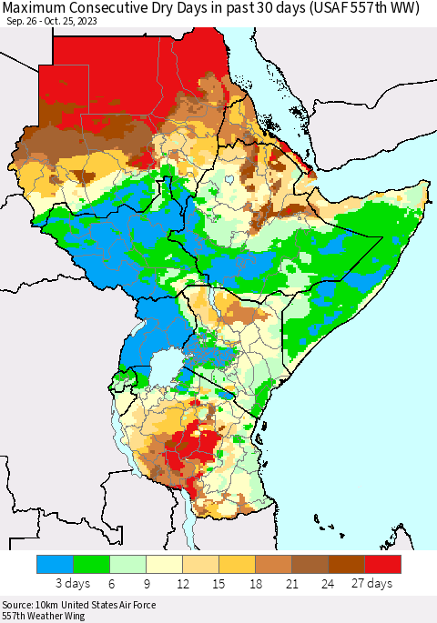 Eastern Africa Maximum Consecutive Dry Days in past 30 days (USAF 557th WW) 10/25/2023 Thematic Map For 10/21/2023 - 10/25/2023