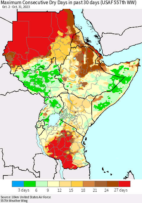 Eastern Africa Maximum Consecutive Dry Days in past 30 days (USAF 557th WW) 10/31/2023 Thematic Map For 10/26/2023 - 10/31/2023