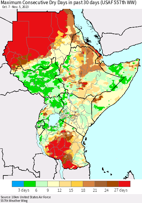 Eastern Africa Maximum Consecutive Dry Days in past 30 days (USAF 557th WW) 11/05/2023 Thematic Map For 11/1/2023 - 11/5/2023