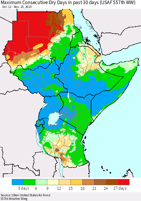 Eastern Africa Maximum Consecutive Dry Days in past 30 days (USAF 557th WW) 11/10/2023 Thematic Map For 11/6/2023 - 11/10/2023