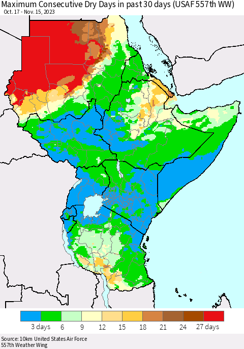 Eastern Africa Maximum Consecutive Dry Days in past 30 days (USAF 557th WW) 11/15/2023 Thematic Map For 11/11/2023 - 11/15/2023