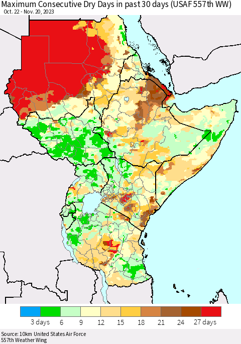 Eastern Africa Maximum Consecutive Dry Days in past 30 days (USAF 557th WW) 11/20/2023 Thematic Map For 11/16/2023 - 11/20/2023