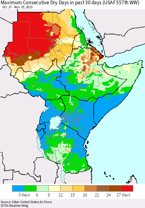 Eastern Africa Maximum Consecutive Dry Days in past 30 days (USAF 557th WW) 11/25/2023 Thematic Map For 11/21/2023 - 11/25/2023