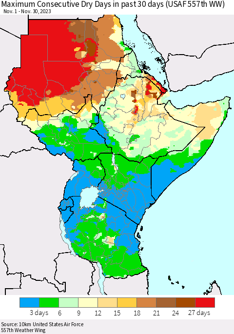Eastern Africa Maximum Consecutive Dry Days in past 30 days (USAF 557th WW) 11/30/2023 Thematic Map For 11/26/2023 - 11/30/2023