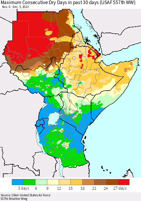 Eastern Africa Maximum Consecutive Dry Days in past 30 days (USAF 557th WW) 12/05/2023 Thematic Map For 12/1/2023 - 12/5/2023