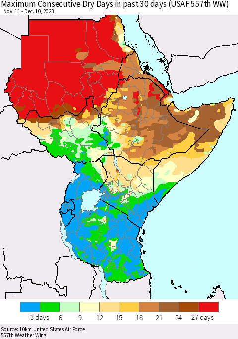 Eastern Africa Maximum Consecutive Dry Days in past 30 days (USAF 557th WW) 12/10/2023 Thematic Map For 12/6/2023 - 12/10/2023