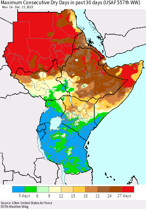 Eastern Africa Maximum Consecutive Dry Days in past 30 days (USAF 557th WW) 12/15/2023 Thematic Map For 12/11/2023 - 12/15/2023
