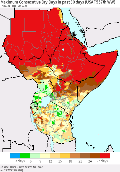 Eastern Africa Maximum Consecutive Dry Days in past 30 days (USAF 557th WW) 12/20/2023 Thematic Map For 12/16/2023 - 12/20/2023