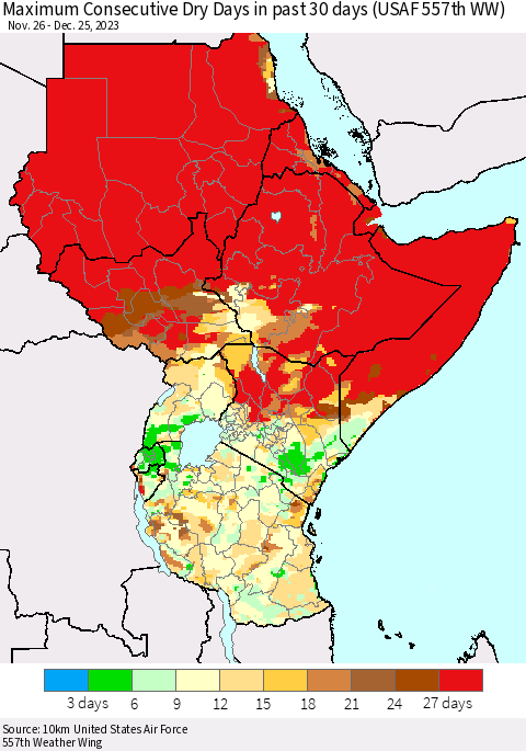 Eastern Africa Maximum Consecutive Dry Days in past 30 days (USAF 557th WW) 12/25/2023 Thematic Map For 12/21/2023 - 12/25/2023