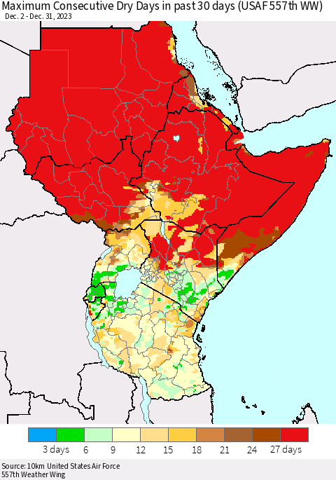 Eastern Africa Maximum Consecutive Dry Days in past 30 days (USAF 557th WW) 12/31/2023 Thematic Map For 12/26/2023 - 12/31/2023