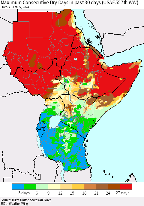 Eastern Africa Maximum Consecutive Dry Days in past 30 days (USAF 557th WW) 01/05/2024 Thematic Map For 1/1/2024 - 1/5/2024