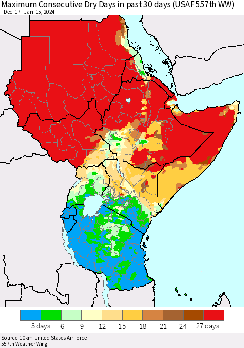 Eastern Africa Maximum Consecutive Dry Days in past 30 days (USAF 557th WW) 01/15/2024 Thematic Map For 1/11/2024 - 1/15/2024