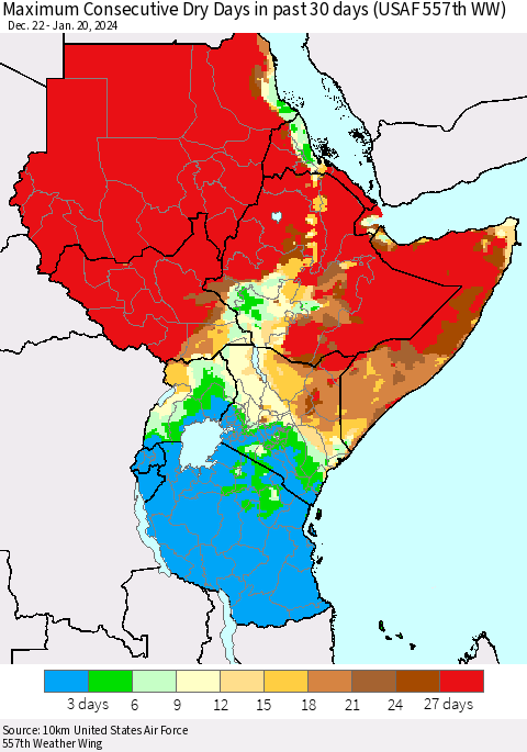 Eastern Africa Maximum Consecutive Dry Days in past 30 days (USAF 557th WW) 01/20/2024 Thematic Map For 1/16/2024 - 1/20/2024