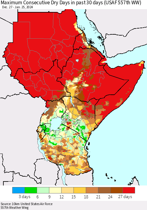Eastern Africa Maximum Consecutive Dry Days in past 30 days (USAF 557th WW) 01/25/2024 Thematic Map For 1/21/2024 - 1/25/2024