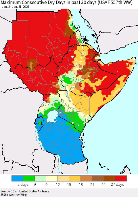 Eastern Africa Maximum Consecutive Dry Days in past 30 days (USAF 557th WW) 01/31/2024 Thematic Map For 1/26/2024 - 1/31/2024