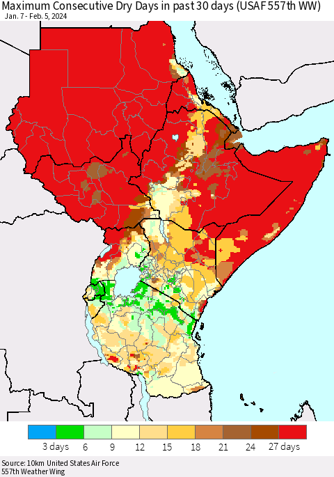 Eastern Africa Maximum Consecutive Dry Days in past 30 days (USAF 557th WW) 02/05/2024 Thematic Map For 2/1/2024 - 2/5/2024