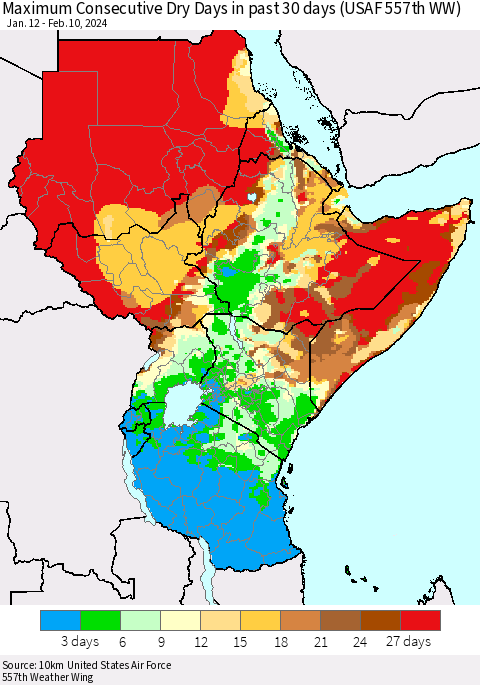 Eastern Africa Maximum Consecutive Dry Days in past 30 days (USAF 557th WW) 02/10/2024 Thematic Map For 2/6/2024 - 2/10/2024
