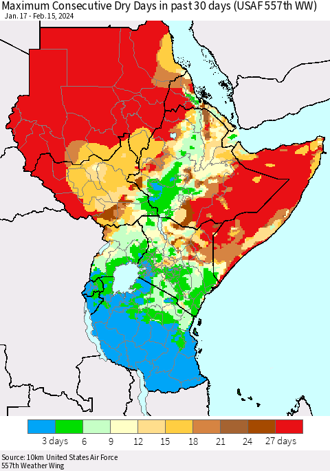 Eastern Africa Maximum Consecutive Dry Days in past 30 days (USAF 557th WW) 02/15/2024 Thematic Map For 2/11/2024 - 2/15/2024