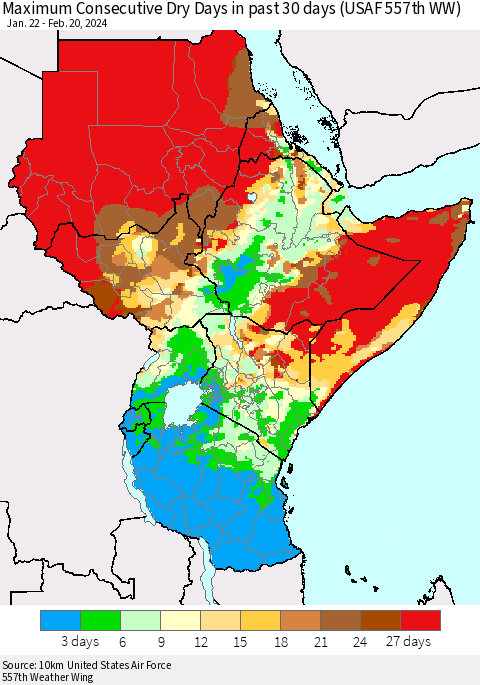 Eastern Africa Maximum Consecutive Dry Days in past 30 days (USAF 557th WW) 02/20/2024 Thematic Map For 2/16/2024 - 2/20/2024