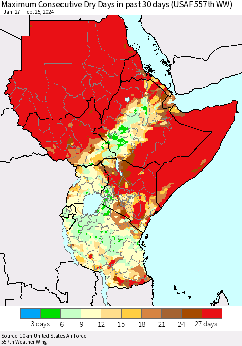 Eastern Africa Maximum Consecutive Dry Days in past 30 days (USAF 557th WW) 02/25/2024 Thematic Map For 2/21/2024 - 2/25/2024
