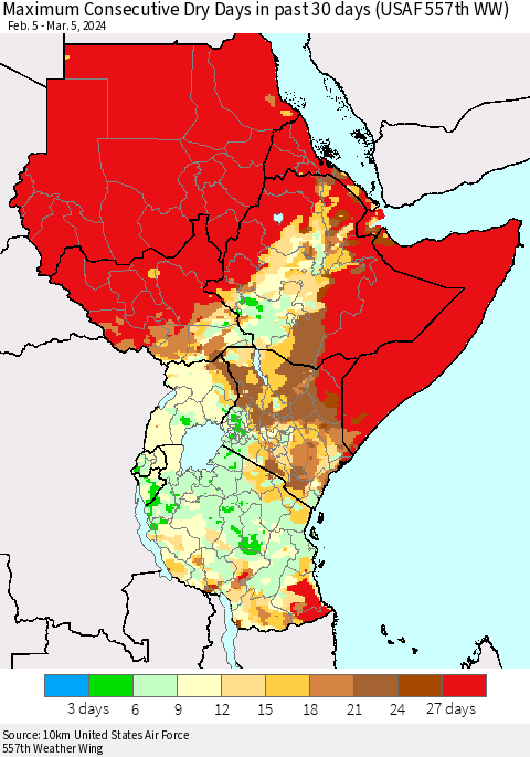 Eastern Africa Maximum Consecutive Dry Days in past 30 days (USAF 557th WW) 03/05/2024 Thematic Map For 3/1/2024 - 3/5/2024