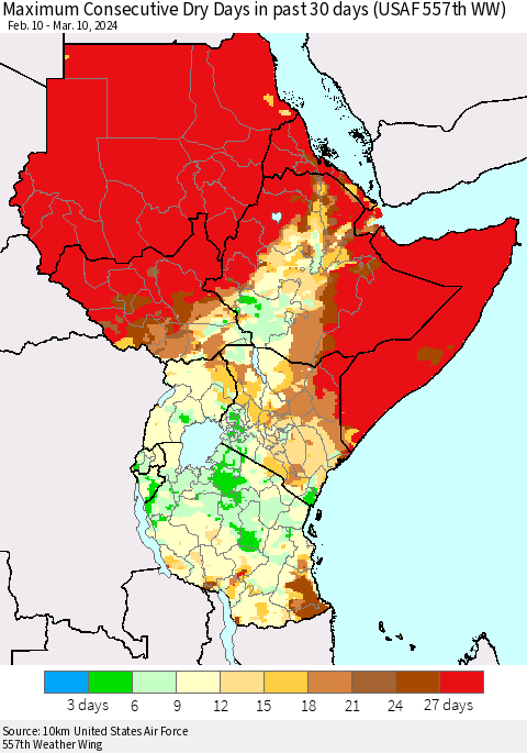 Eastern Africa Maximum Consecutive Dry Days in past 30 days (USAF 557th WW) 03/10/2024 Thematic Map For 3/6/2024 - 3/10/2024