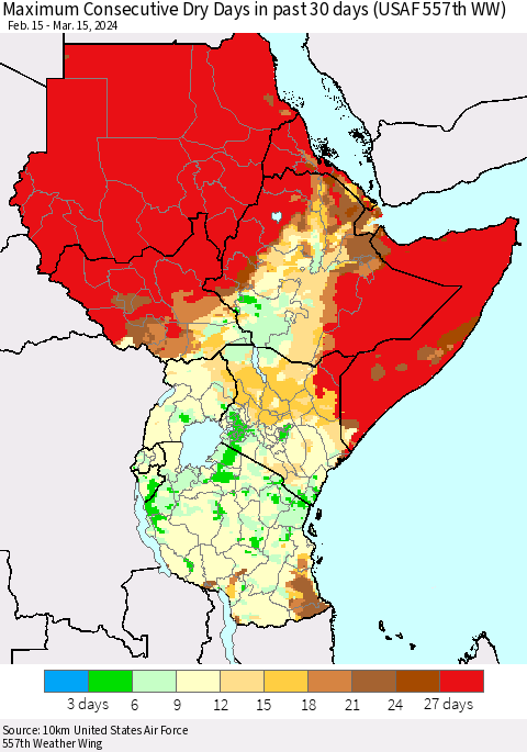 Eastern Africa Maximum Consecutive Dry Days in past 30 days (USAF 557th WW) 03/15/2024 Thematic Map For 3/11/2024 - 3/15/2024