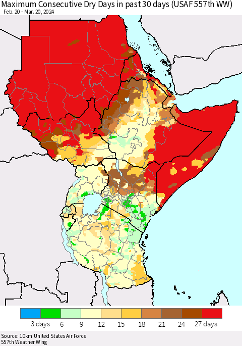 Eastern Africa Maximum Consecutive Dry Days in past 30 days (USAF 557th WW) 03/20/2024 Thematic Map For 3/16/2024 - 3/20/2024