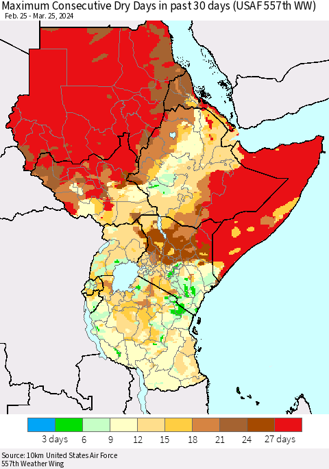 Eastern Africa Maximum Consecutive Dry Days in past 30 days (USAF 557th WW) 03/25/2024 Thematic Map For 3/21/2024 - 3/25/2024