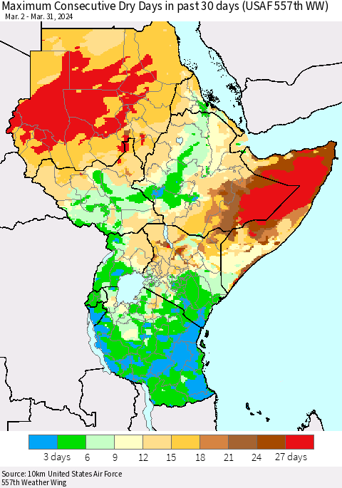 Eastern Africa Maximum Consecutive Dry Days in past 30 days (USAF 557th WW) 03/31/2024 Thematic Map For 3/26/2024 - 3/31/2024
