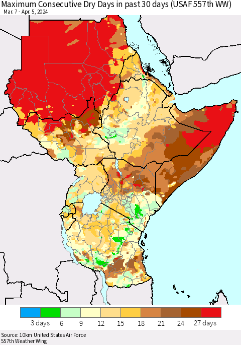 Eastern Africa Maximum Consecutive Dry Days in past 30 days (USAF 557th WW) 04/05/2024 Thematic Map For 4/1/2024 - 4/5/2024