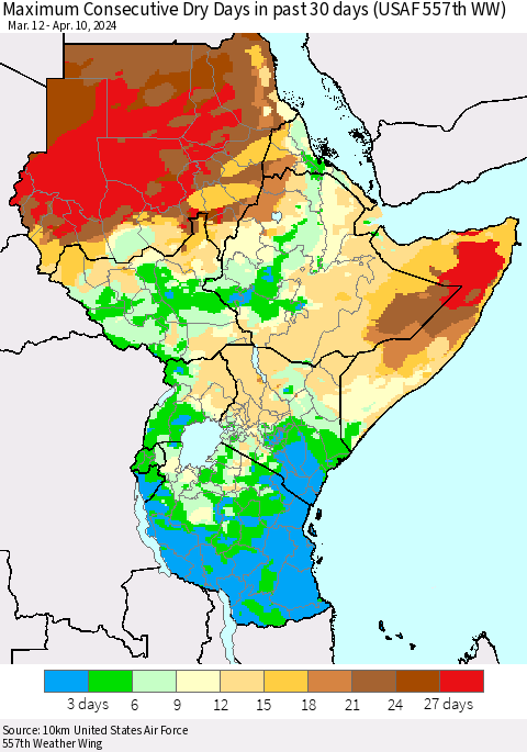 Eastern Africa Maximum Consecutive Dry Days in past 30 days (USAF 557th WW) 04/10/2024 Thematic Map For 4/6/2024 - 4/10/2024