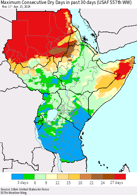 Eastern Africa Maximum Consecutive Dry Days in past 30 days (USAF 557th WW) 04/15/2024 Thematic Map For 4/11/2024 - 4/15/2024