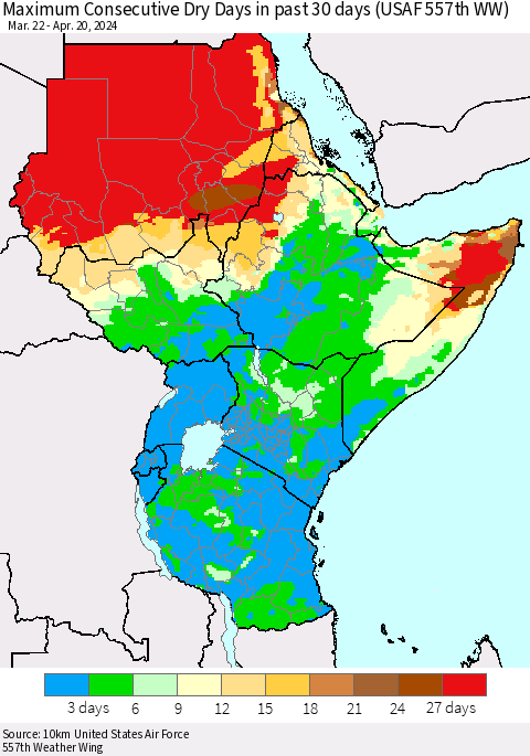 Eastern Africa Maximum Consecutive Dry Days in past 30 days (USAF 557th WW) 04/20/2024 Thematic Map For 4/16/2024 - 4/20/2024