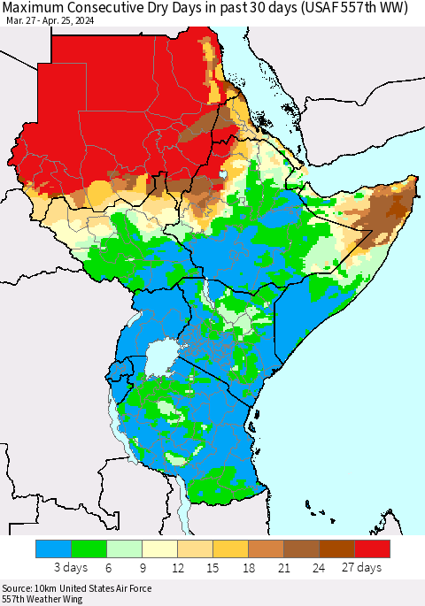 Eastern Africa Maximum Consecutive Dry Days in past 30 days (USAF 557th WW) 04/25/2024 Thematic Map For 4/21/2024 - 4/25/2024